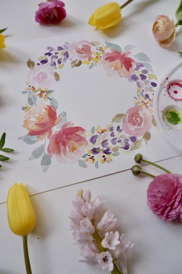 loose Watercolor Blumen malen Blumenkranz7